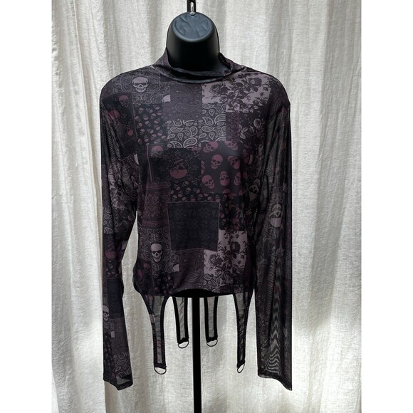 Tops - Social Collision Skull Floral Mesh Sheer Cropped Top Plus Size 2 (2XL)
